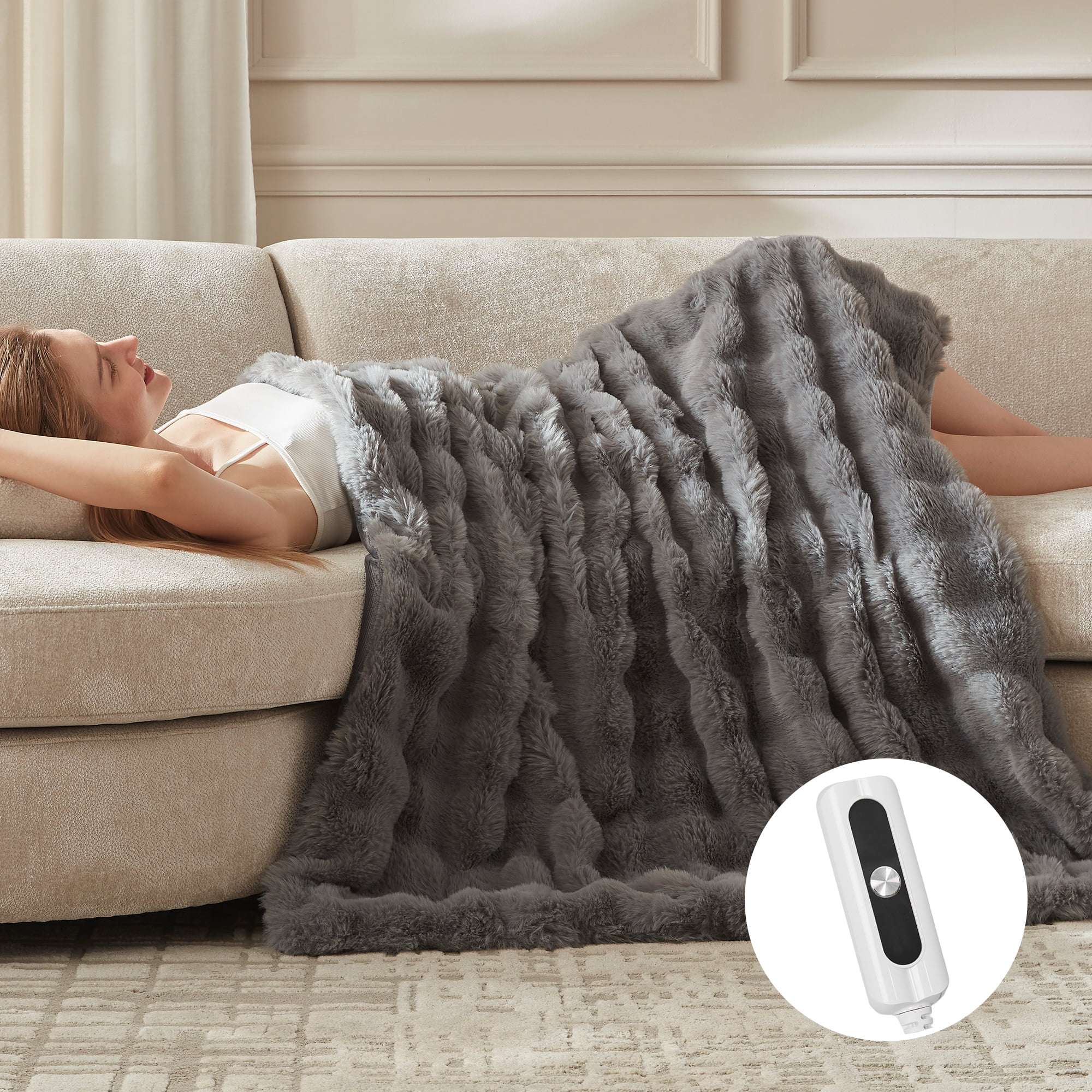 COZY@HOME Heated Blanket,Plush Thick Faux Fur Throw Size 50"x60", London Grey, 5-Min Fast Heating 6 Heating Levels & 4 Hours Auto-Off, Machine Washable