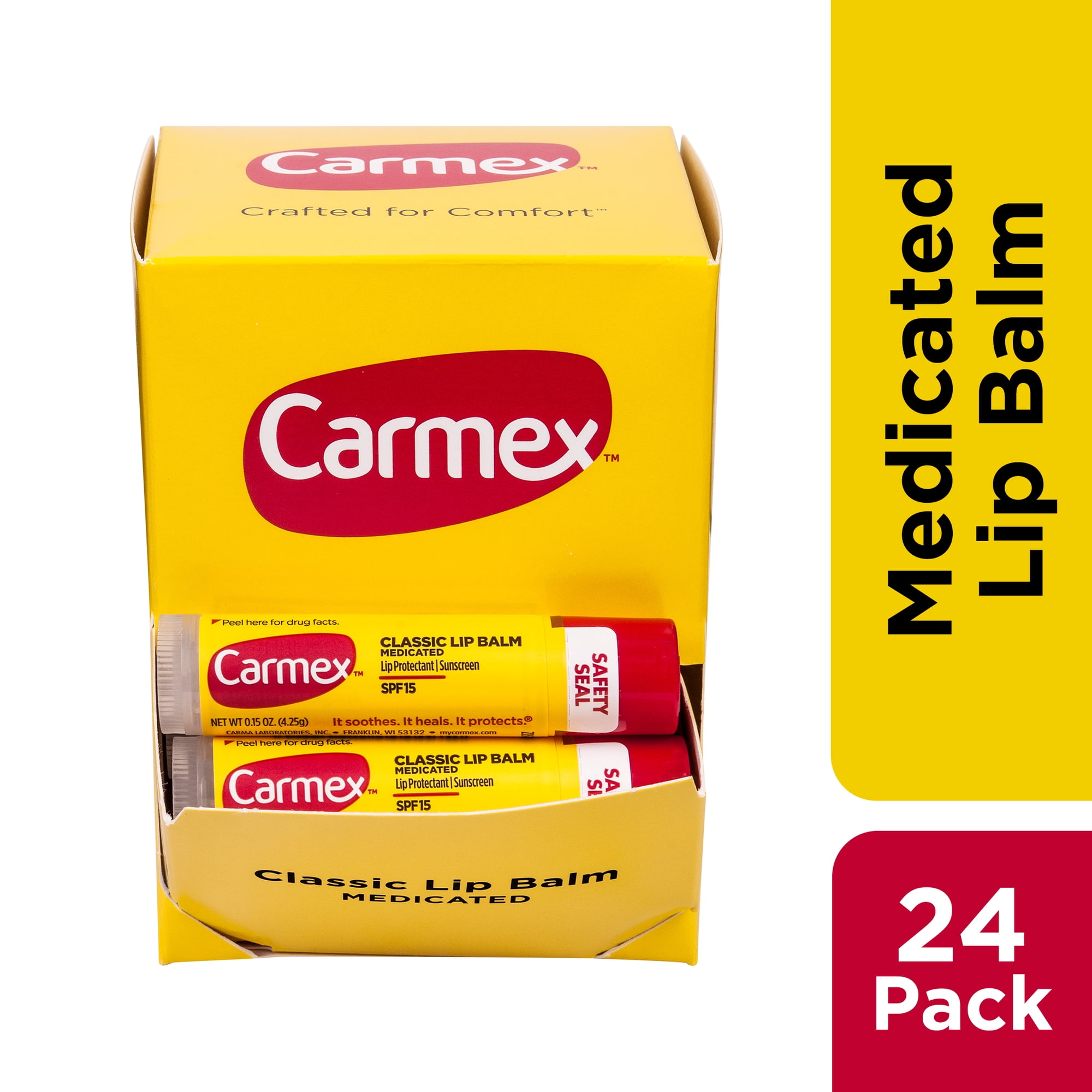 Carmex Medicated Lip Balm Sticks, Lip Moisturizer for Dry, Chapped Lips, 0.15 oz Each, 24 Count