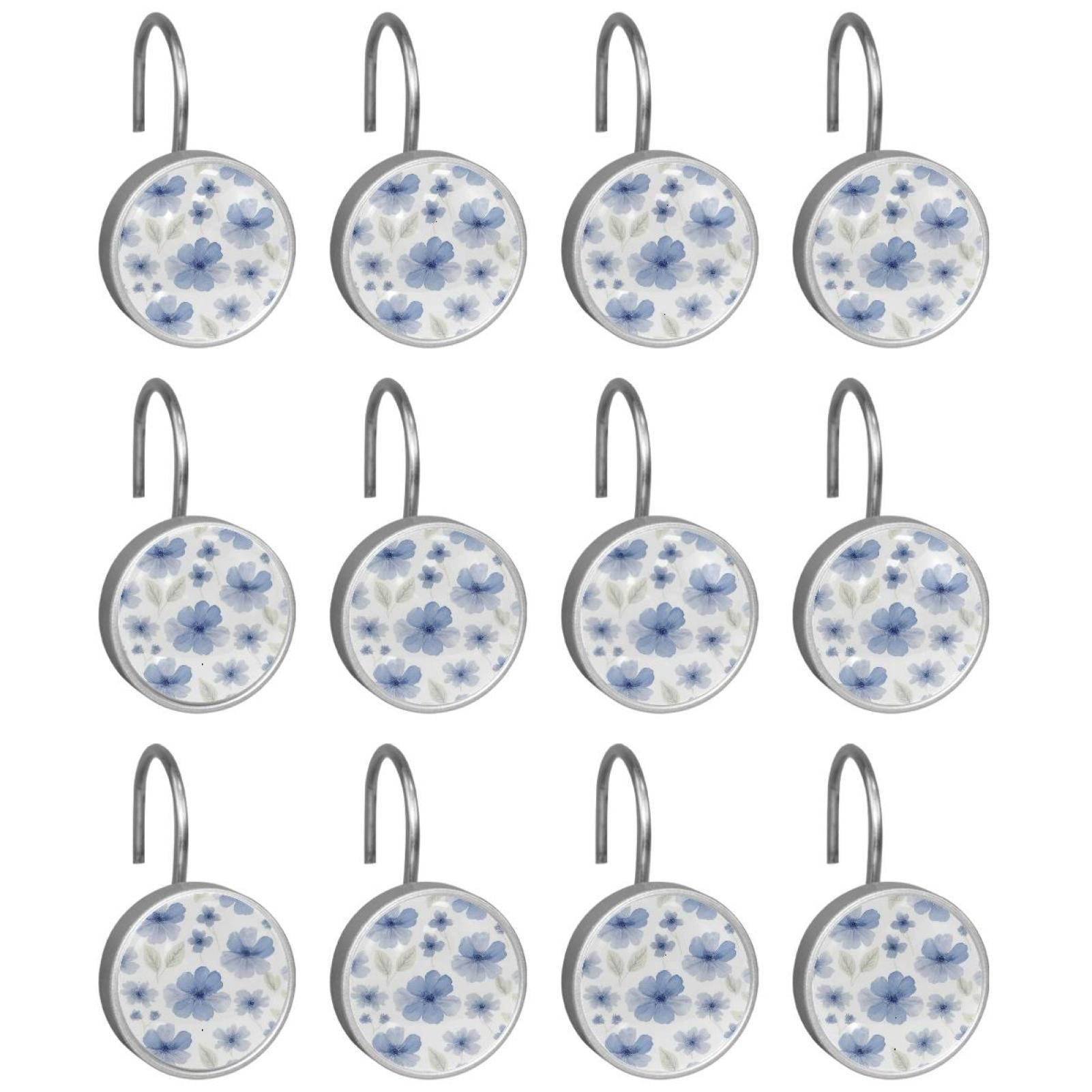 HemaKayy 12 Pcs Shower Curtain Hooks Bathroom Decorative Accessories Elegant Blue Flowers Transparent