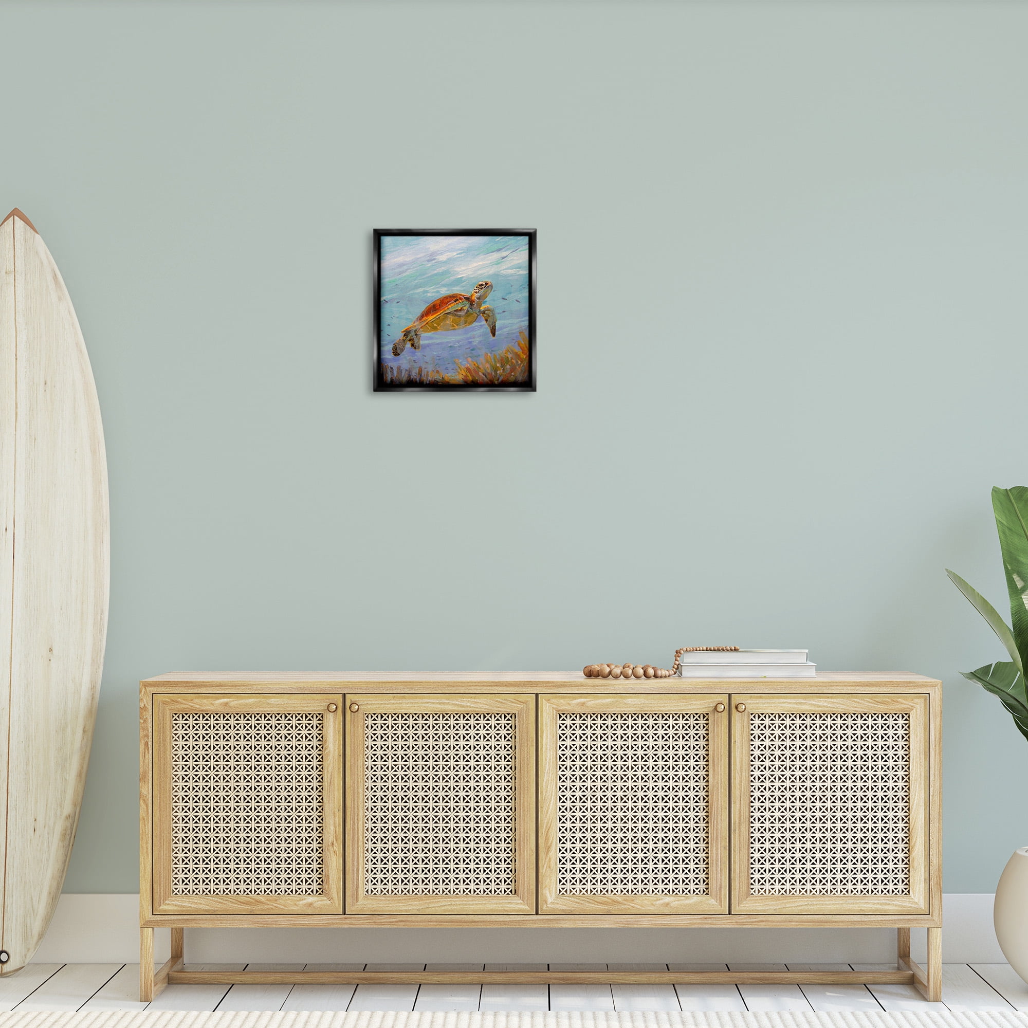 Stupell Industries Turtle Among Coral Reef Animals & Insects Painting Black Floater Framed Canvas Art Print Wall Art, 18 x 18