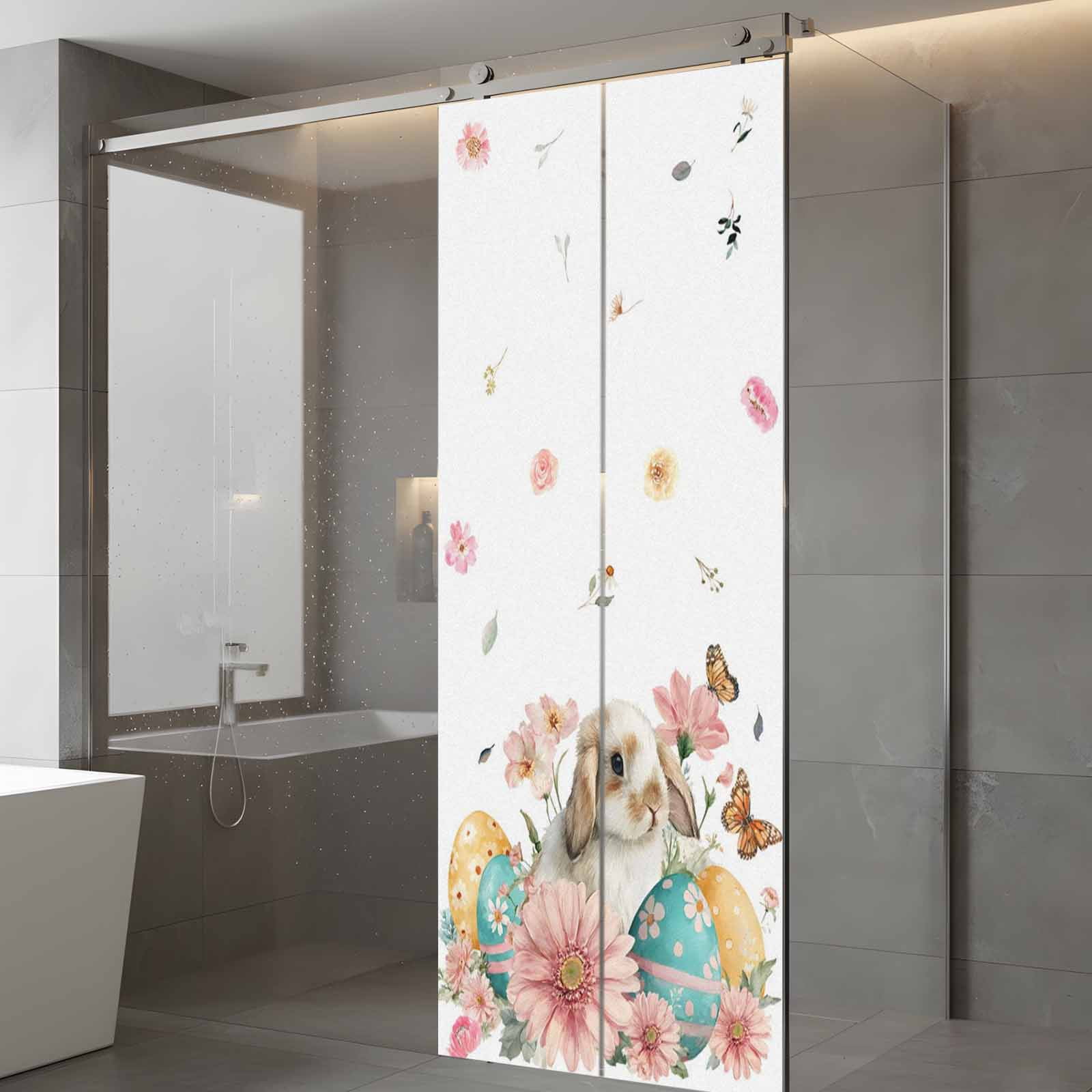 Easter Rabbit Window Privacy Film, Watercolor Bunny Eggs Pink Floral Butterfly Frosted Glass Window Clings Static Cling UV Heat Blocking Reusable Door Sticker for Bathroom 23.6 x 59 Inch