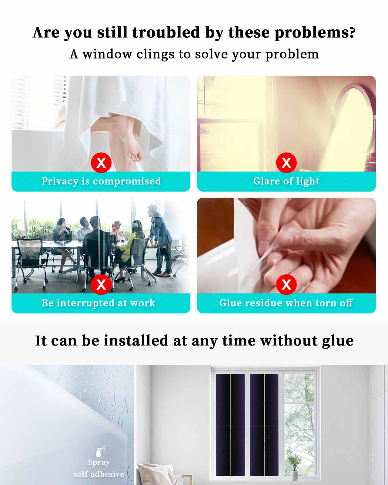 Window Privacy Film, Purple Black Ombre Sun Blocking Window Tint Film Heat Control One Way Blackout Window Film, Purple Gradient Abstract Modern Minimalism Art Non Adhesive Static Cling 23.6x78.7 In