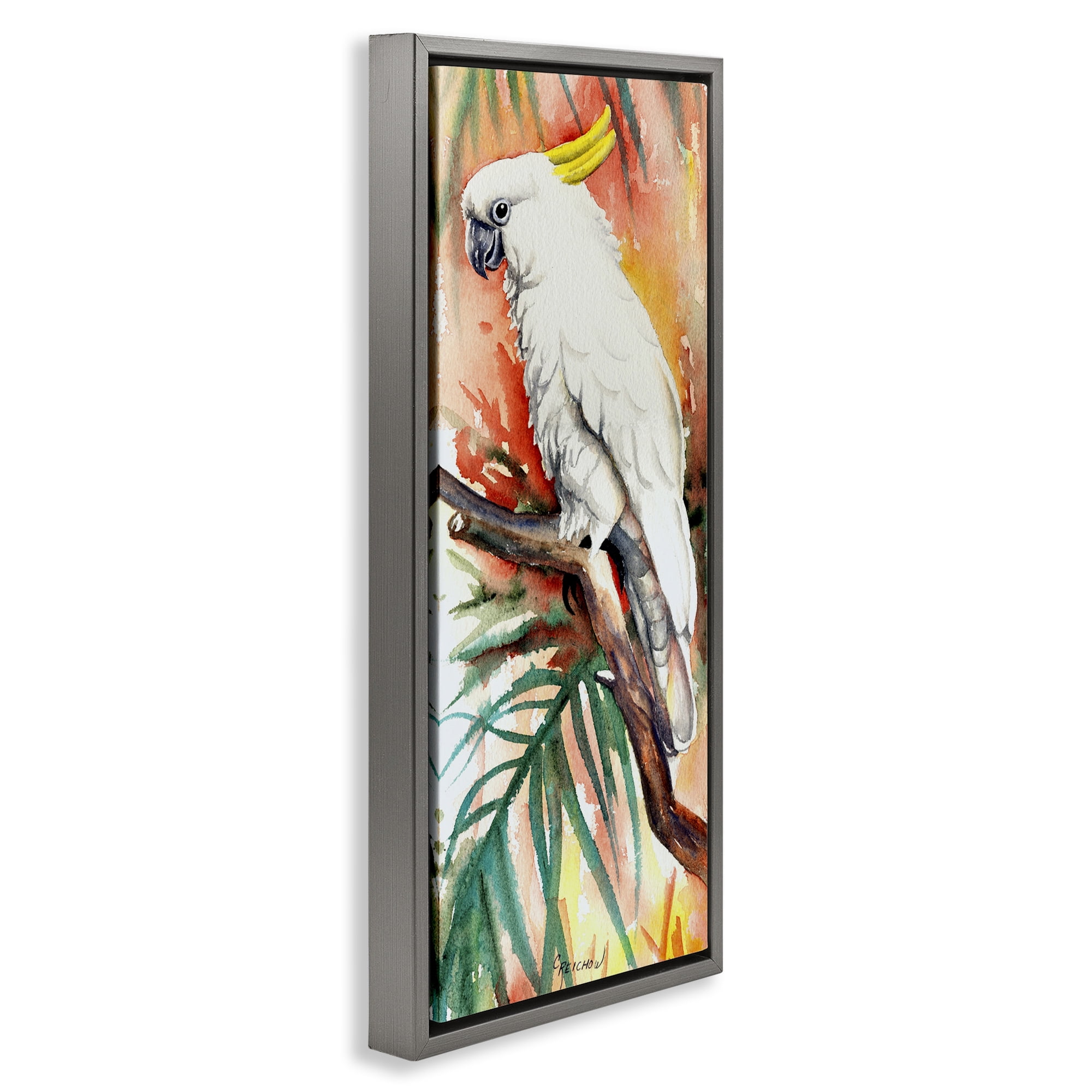Stupell Industries Sulfer Crested Cockatoo Animals & Insects Painting Gray Floater Framed Canvas Art Print Wall Art, 15 x 31