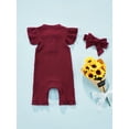 thumbnail image 4 of Chollius Newborn Baby Girl Ruffle Romper Fly Sleeve Ribbed Solid Color Button Decoration One Piece Jumpsuit Bow Headband Summer Outfits, 4 of 8