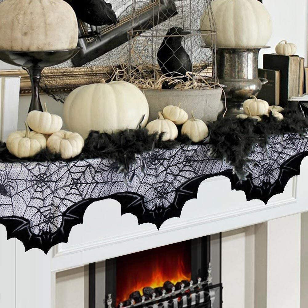 Halloween Mantle Scarf Black Lace Fabric Fireplace Gothic Decorations 20" x 80" 