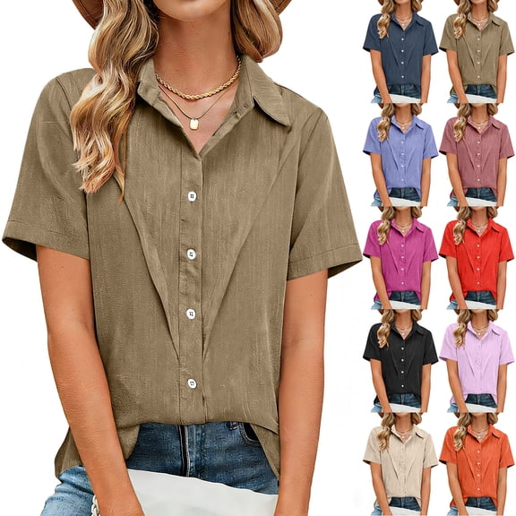Agkizg Women's Summer Collared Short Sleeve Blouse Slub Linen Solid Color Button Casual Basic Shirt Top