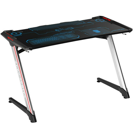 [UPGRADE] Kinsal Z-Shaped Gaming Desk Computer Desk Table with Fighting LED Lighting, Racing Table E-Sports Durable Ergonomic Comfortable PC Desk with Large Mousepad