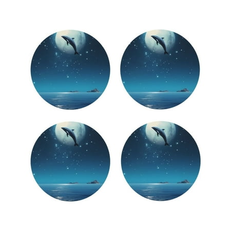 

Matuu Night Sky Moon Dolphin for Cup Coasters Set of 4 Leather Coasters Desk Coasters for Office Measures 4” x 4”-Round Shape