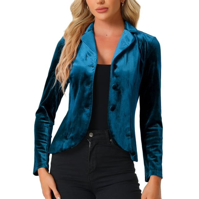 INSPIRE CHIC Women's Notched Lapel Long Sleeve Button Velvet Blazer S Lake Blue