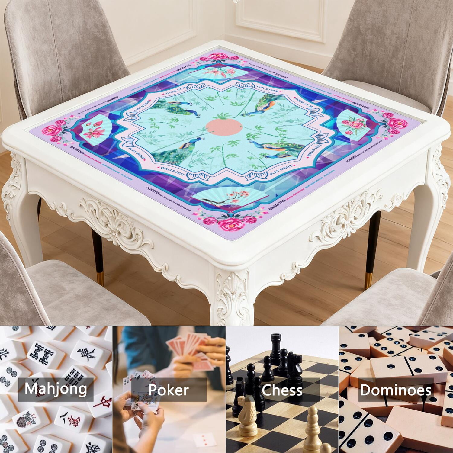 Blue Mahjong Mat for Table, 31.5*31.5in Anti Slip American Mahjong Table Cloth, Noise Reduction, Neoprene Mah jongg Mat with Carrying Bag & 3 Dices, Mahjong Accessories Gift for Board Tile Games Mats