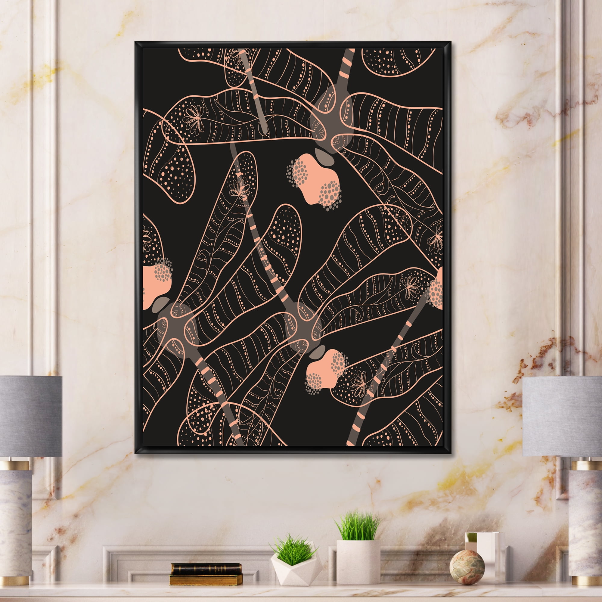 Designart 'Dragonflies With Folk Art Seamless Pattern' Bohemian & Eclectic Framed Canvas Wall Art Print