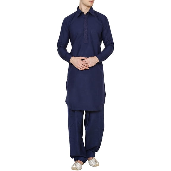 Royal Mens Blue Neck Thread Embroidered Classic Collar Polycotton Pathani Kurta and Salwar