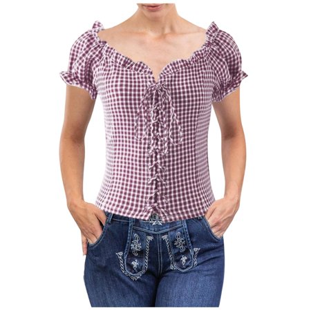 MIXUE Women Blouses Summer Plaid Print Square Collar Lace Up Short Sleeve Casual Womens Tops Streetwear Purple L