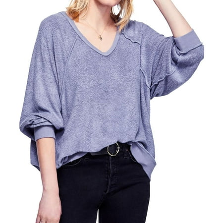 Free People Womens Take It Off Textured Pullover Sweater, Purple, Small