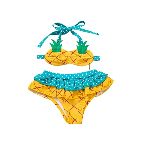 

Little Girls Split Swimsuit Summer Cute Shape Hanging Neck Suspender Top + Flouncing Shorts Set