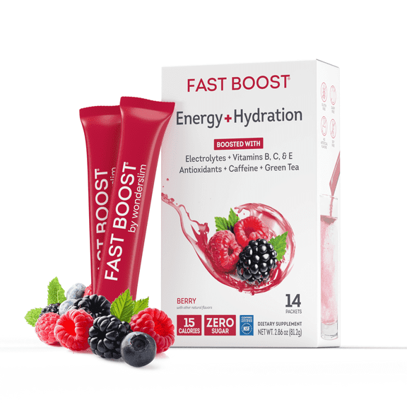 Wonderslim FAST BOOST Energy & Hydration Drink Mix, Sugar-Free Berry, Electrolytes & Antioxidants (14ct)