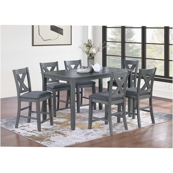 JERFIT 7-Piece Gray Counter Height Dining Set with X-Back Chairs, Cushioned Seats & Nailhead Trim for Kitchen and Dining Room
