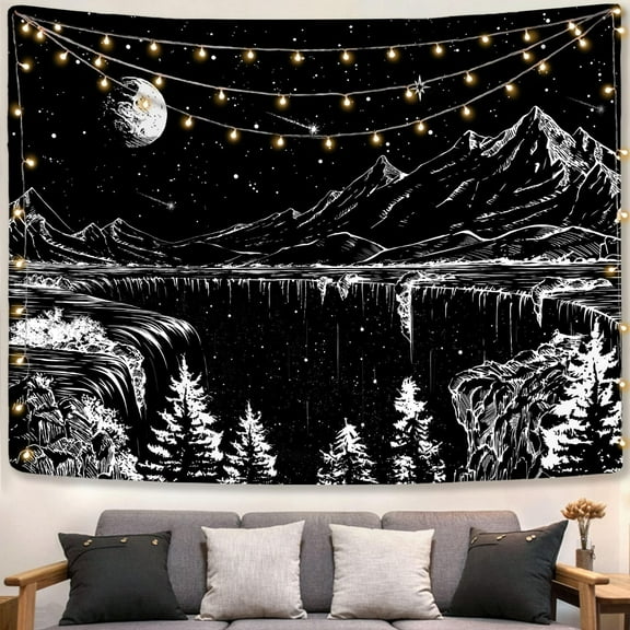 Gojian Black and White Tapestry Starry Night Mountain Tapestries for Bedroom Aesthetic Moon and Stars Tapastry's Wall Hanging Dark Nature Forest Wall Tapestry for Living Room Dorm