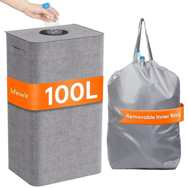 Cubo de almacenamiento de tela Oxford de 100 litros con tapa y bolsa interior, color gris