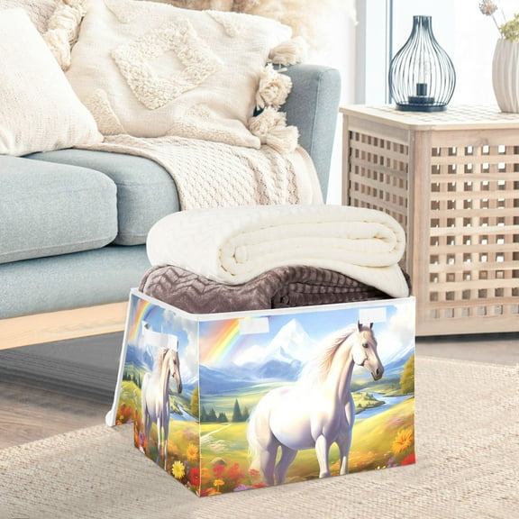 Horse and Rainbow Flowers Storage Basket Foldable Laundry Basket Shelf Kids Toy Storage Container Organizer with Handles