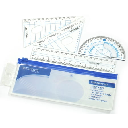 Westcott 5 Piece Geometry Set in Pouch, Blue and Gray, Math Tool Kits