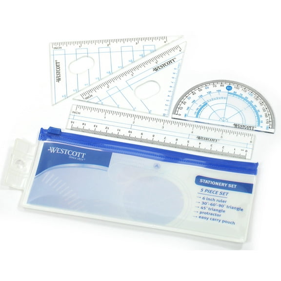 Westcott 5 Piece Geometry Set in Pouch, Blue and Gray, Math Tool Kits