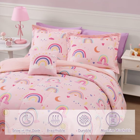 Twin Comforter Set for Girls-3 Pieces Pink Rainbow Glow in The Dark Twin Bedding Sets for Kids,1 Comforter,1 Sham and 1 Decor Pillow
