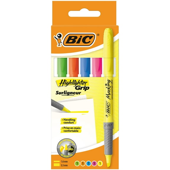 Bic Highlighter Grip, Ribbed Rubber Grip for Extra Comfort, Water-Based Ink, Assorted Colours, Pack of 5