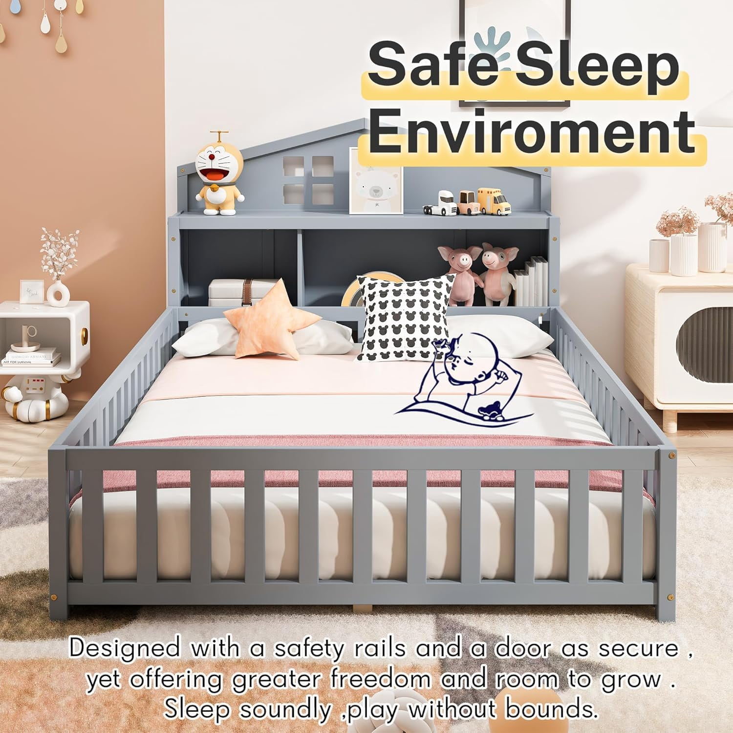 Mirightone Full Montessori Floor Bed with Storage Headboards and Guard rails, Montessori Bed Frame with Blackboards for Kids Teens, Gray