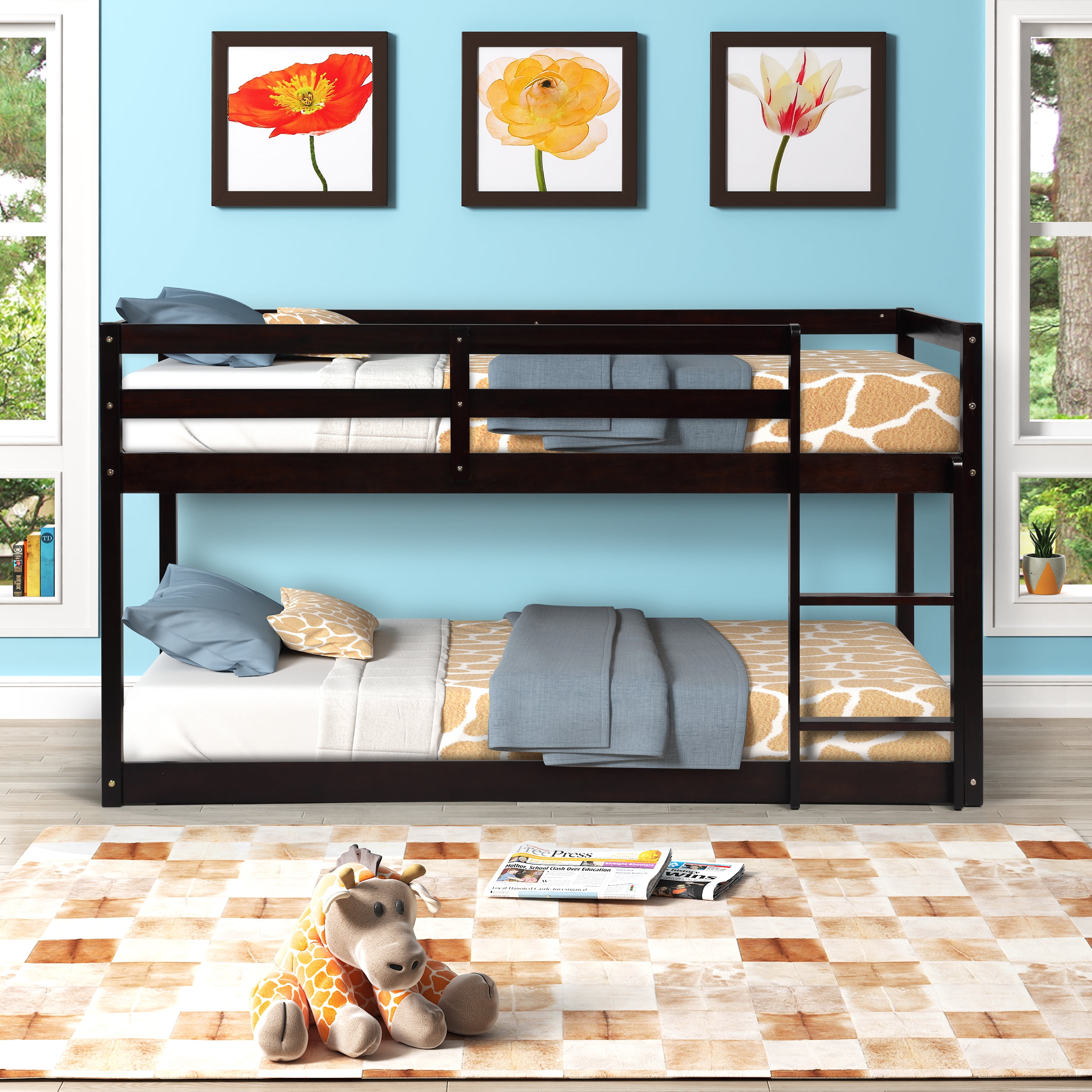 Twin Over Twin Bunk Beds, Convertible Bunk Beds Floor Bunk Bedfor Kids