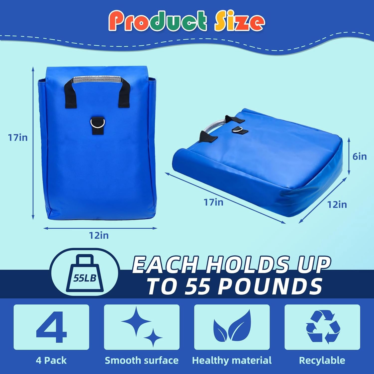 Vinyl SandBags with Handle, Bounce House Sand Bags, Suitable for Fixed Inflatable Trampolines, Inflatable Water Slide, Canopies and Tents(Each Weight Capacity 55 Pound, 4 Pack, Blue)