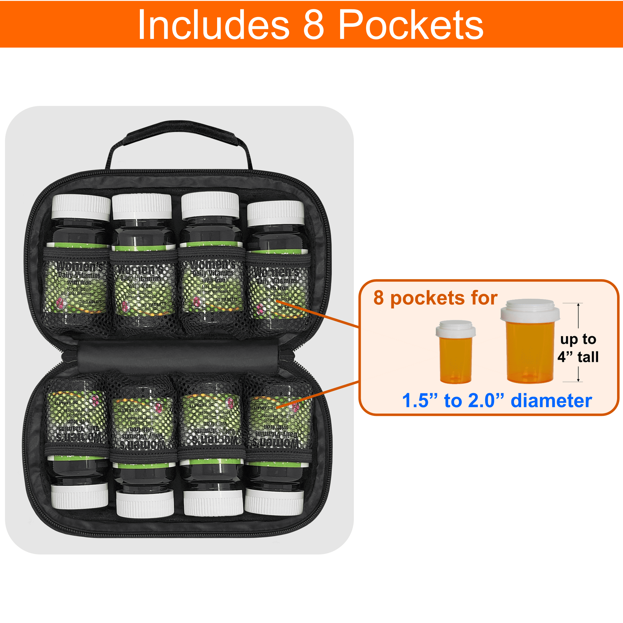 StarPlus2 Small Pill Bottle Organizer for Travel, Medicine Bag, Carrier for Prescription Medications - Black