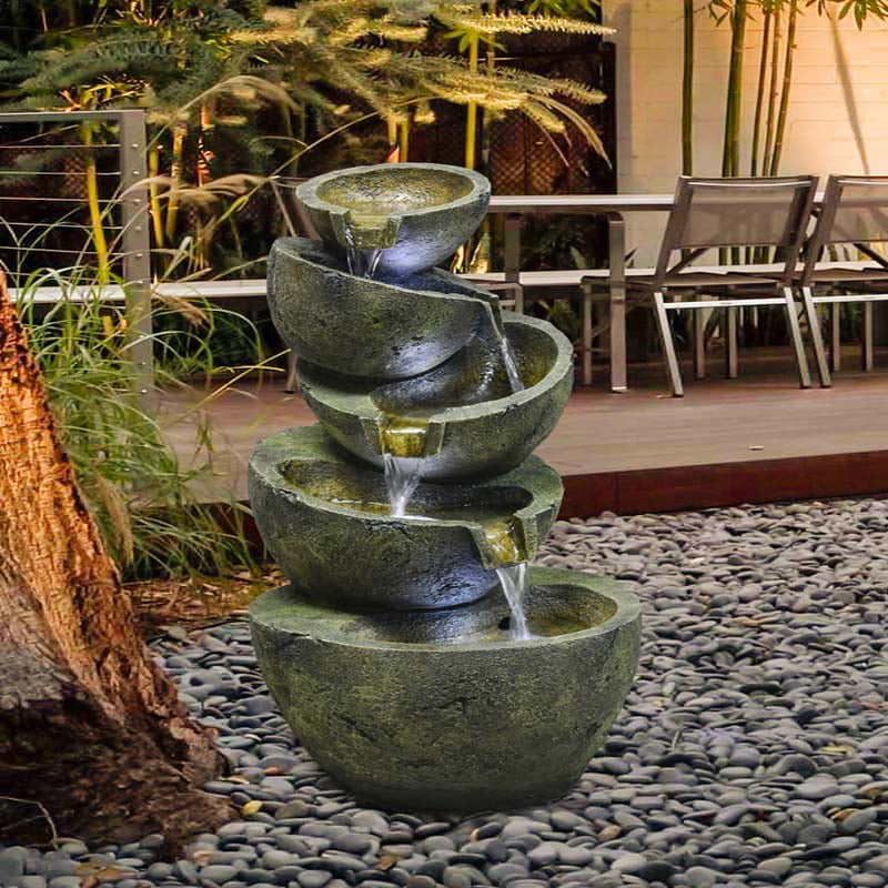 23 1/2” H Outdoor Water Fountain With LED Lights, Modern Cascading 5