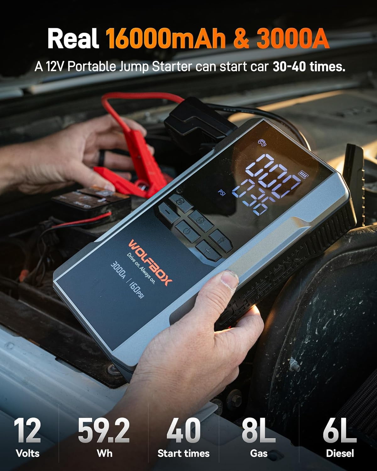 WolfBox 3000A Jump Starter with Air Compressor, 160PSI Digital Tire Inflator, 12V Battery Pack with Flashlight
