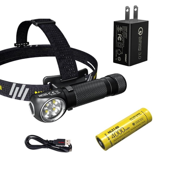 Nitecore HC35 Rechargeable LED Headlamp - 4 x CREE XP-G3 S3 w/ Eco-Sensa USB Fast 3Amp Wall Charger
