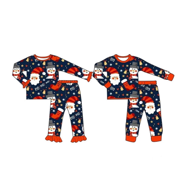 Conjunto de pijamas de estilo navideño para niños y niñas, conjunto de pijama de manga larga con patrón de Papá Noel y muñeco de nieve