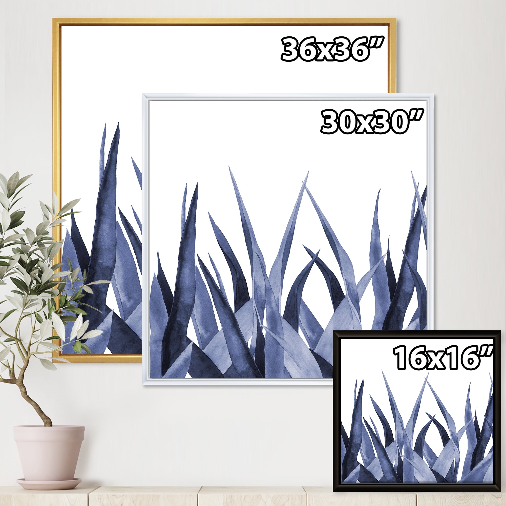 Designart 'Close Up Navy Blue Agave Leaves' Traditional Framed Canvas Wall Art Print