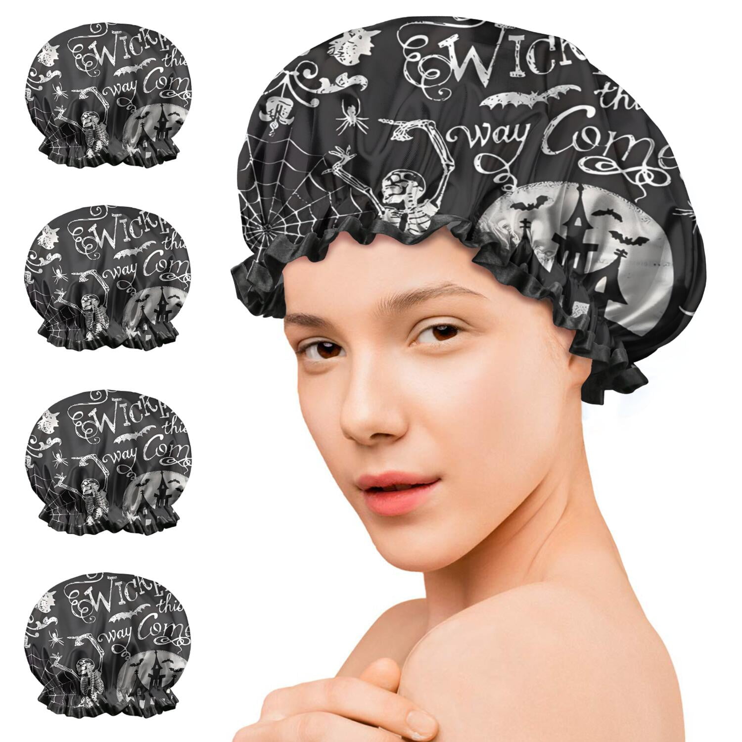 Shower Caps,Black Halloween Letter Bat Pattern Waterproof Shower Cap for Women 4 Pieces,Double Reusable Hair Cover for Shower PEVA Elastic Stretch Hem
