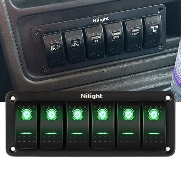 6 Gang Aluminum Rocker Switch Panel Toggle Dash 5 Pin ON/Off 12V/24V Rocker Switch Panel Car Boat Switch, Green LED Pre-Wired Switch Panel for Marine Boat Automotive Car RV Truck Vehicles