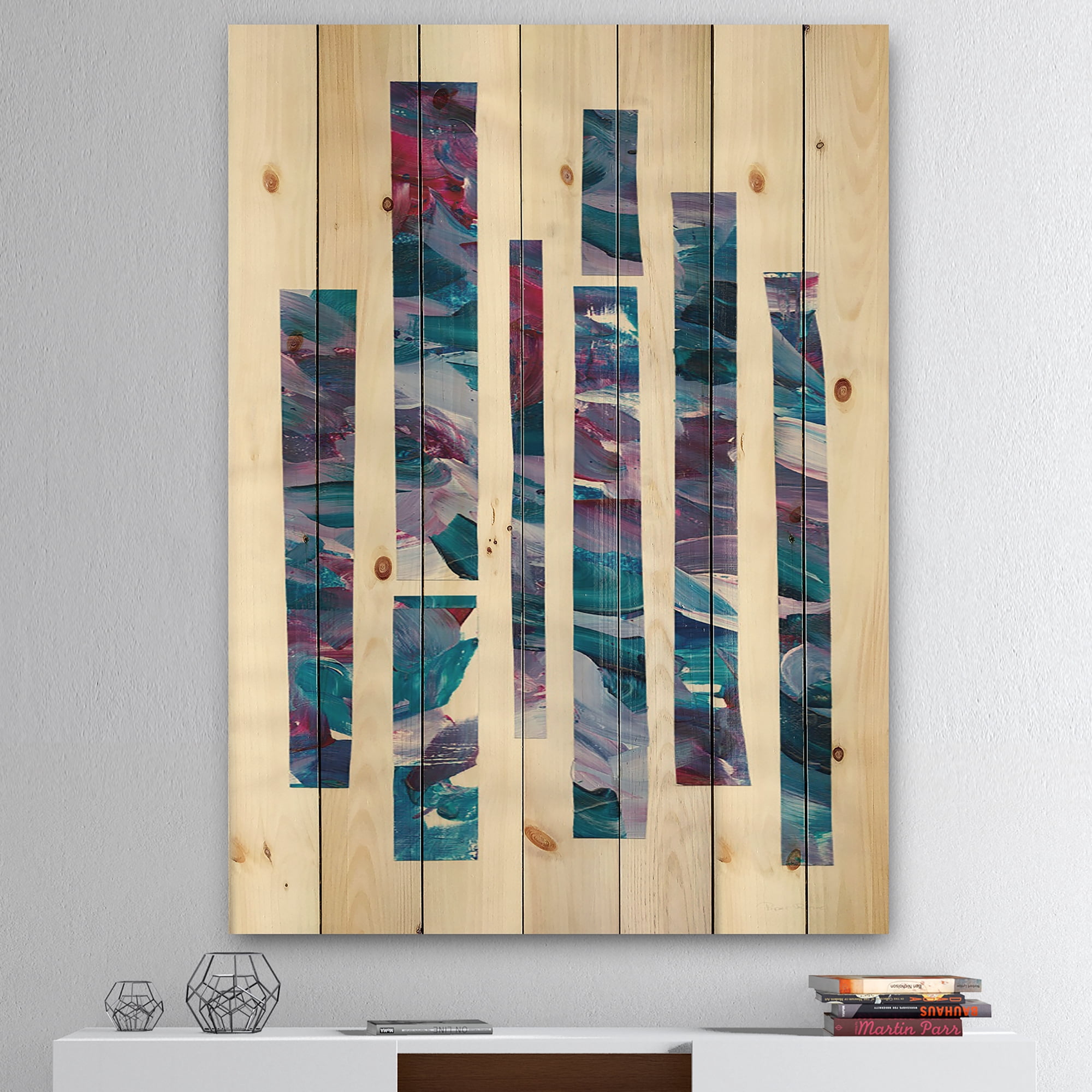 Designart 'Ribbons of Jewels I' Modern Geometric Print on Natural Pine Wood
