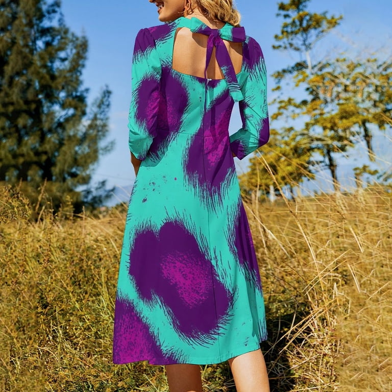 Teal Purple Animal Print Pattern Womens Summer Dress Tie Back A Line Flare  Dress - Walmart.com