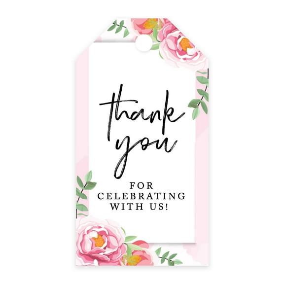 Koyal Wholesale Thank You For Celebrating With Us Favor Tags Pink Peonies Cardstock Gift Tags with Bakers Twine 100-Pk