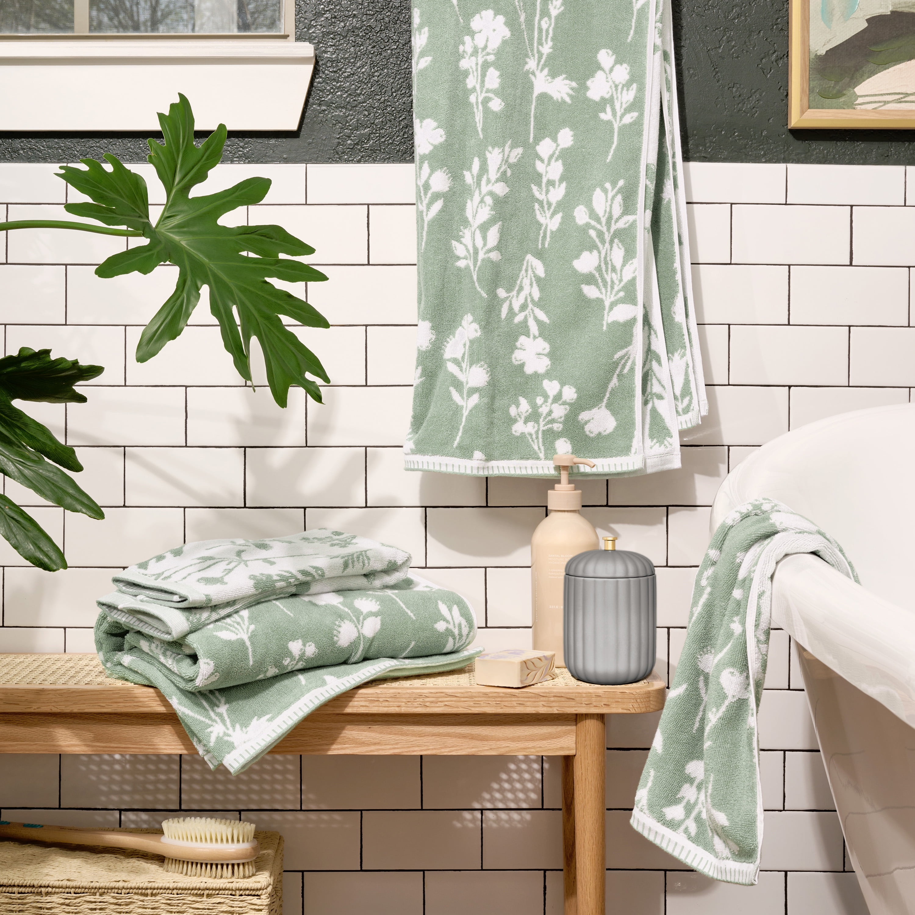 Beautiful by Drew Barrymore 4-Piece Floral Bath Towel Set, 100% Cotton, Sage Green