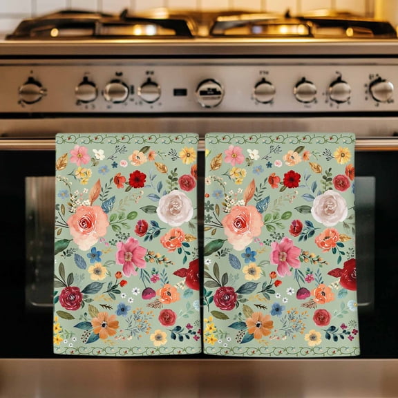 Sage Green Floral Kitchen Towels Set of 4, Spring Flowers Leaves Farmhouse Absorbent Dish Towels for Kitchen, Microfiber Hand Towel, Quick Drying Tea Towel for Cleaning Decorative Dishcloths
