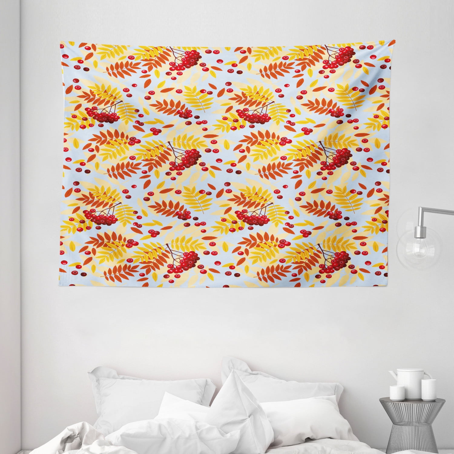 Rowan Tapestry, Ripe Rowan Bunch of Berries with Falling Dried Leaves