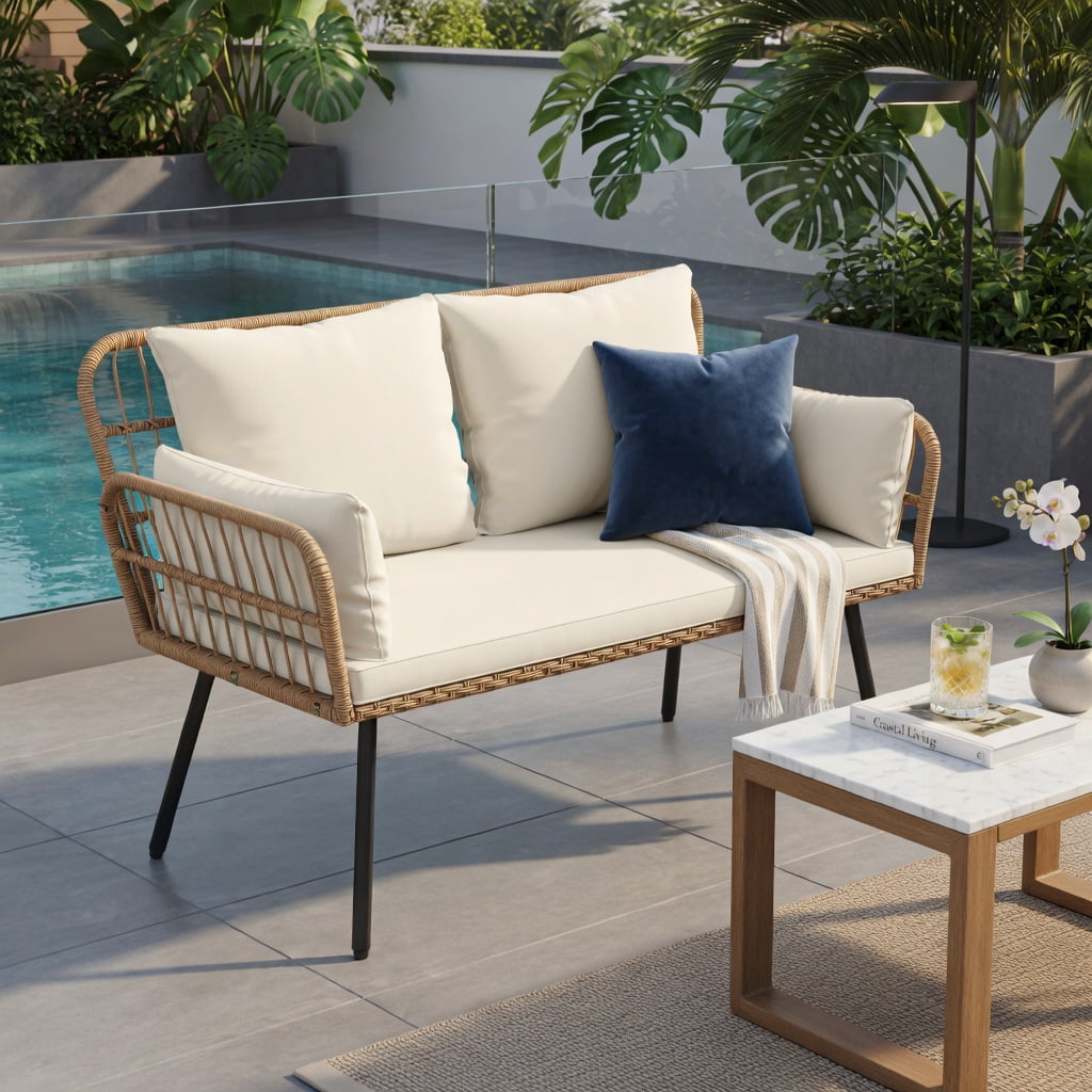 Hommoo Hommoo 2-Person Outdoor PE Rattan Loveseat with Removable Cushions, Heavy-Duty Metal Frame, Ergonomic Backrest, Off-White