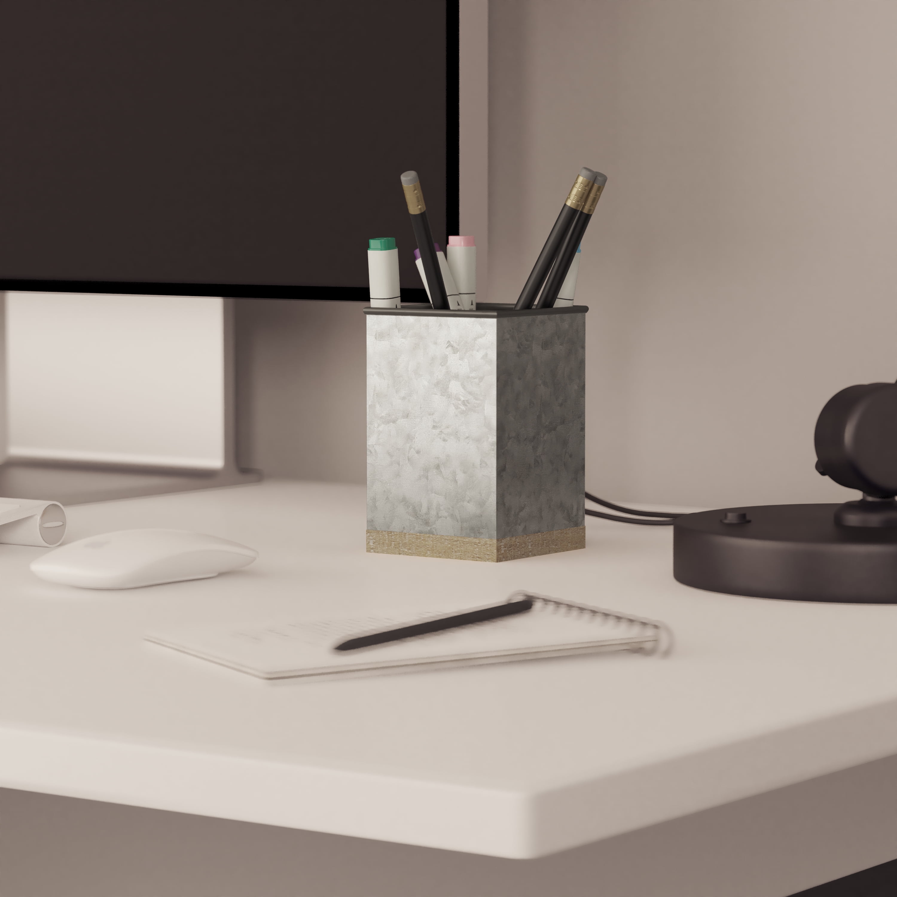 Merrick Lane 3 Piece Desk Organizer Set for Desktop, Countertop, or Vanity in Galvanized Finished Metal and Rustic Wood