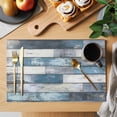 thumbnail image 2 of Blue Grey Wooden Placemats Set of 6 Farmhouse Vintage Cabin Stripes Place Mats Indoor Wipeable Table Mats Washable Cloth Dining Table Placemats for Kitchen Holiday Party Home Decor 13x19 Inch, 2 of 9