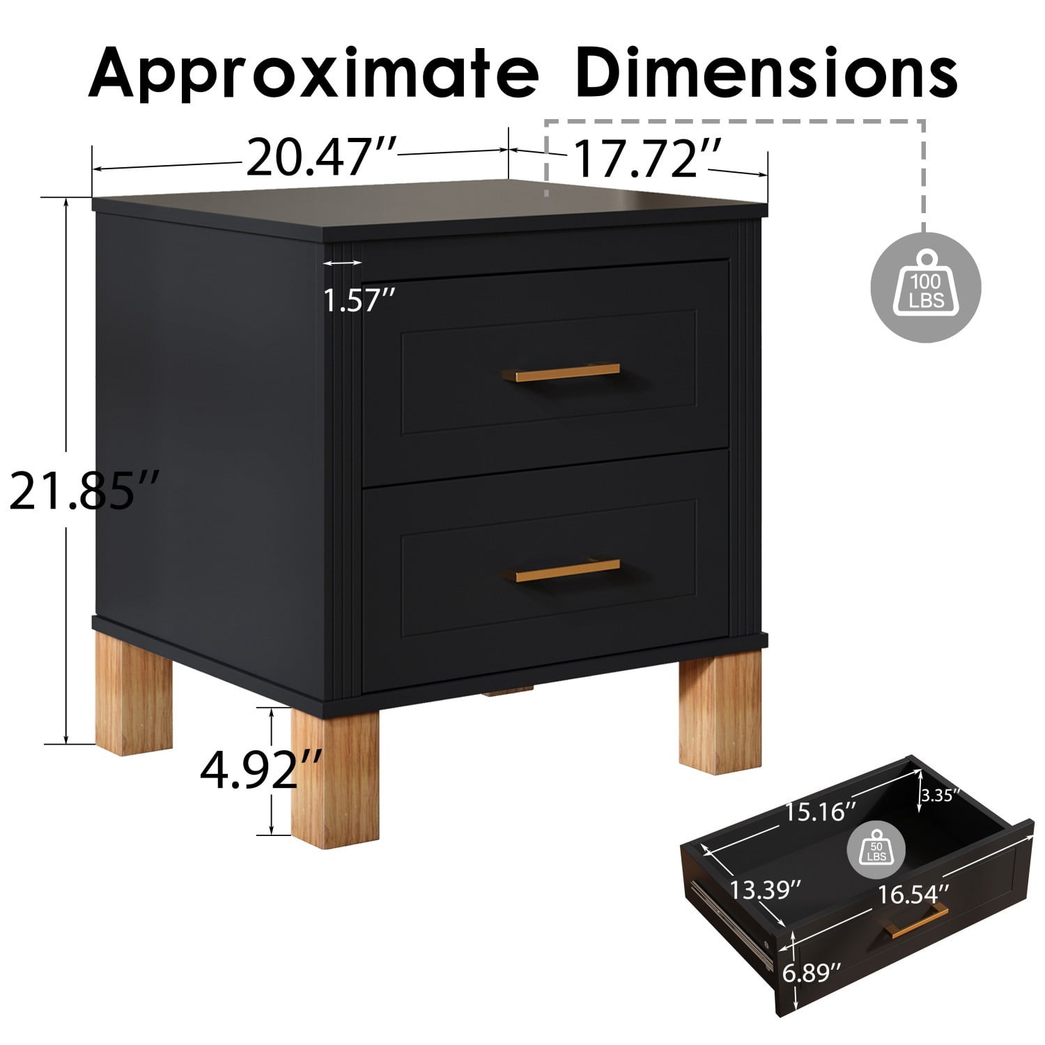 2 Drawer Nightstand with Solid Wood Legs, Fluted Bedside Table with Metal Handles, Tall Wood End Table Storage Cabinet for Bedroom, Living Room, Black