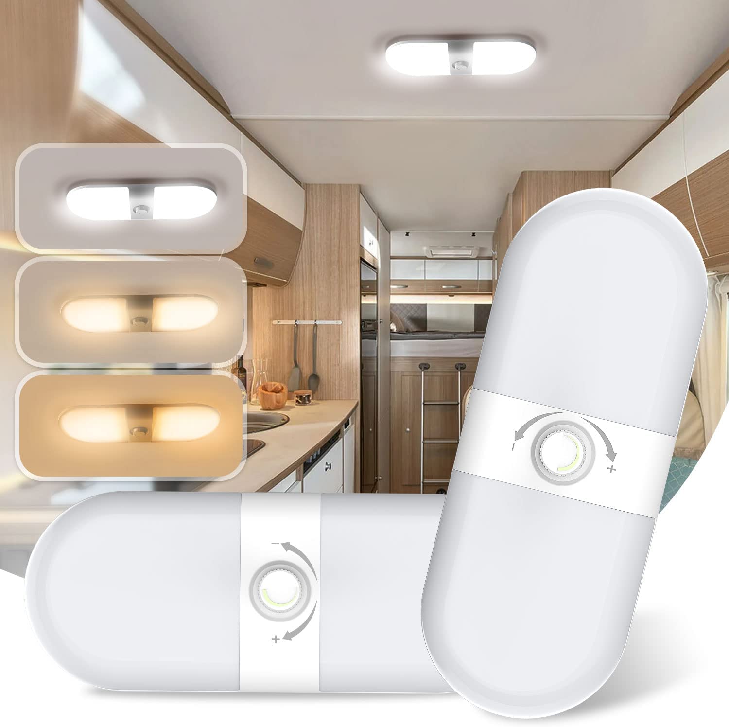 RV LED Light Interior, RV Ceiling Double Dome Light with 3 Color Mode